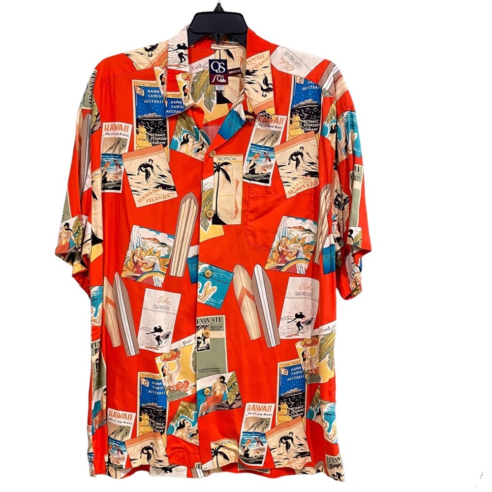 QUIKSILVER vintage Hawaiian shirt postcard print Hawaii travel surfer orange XL